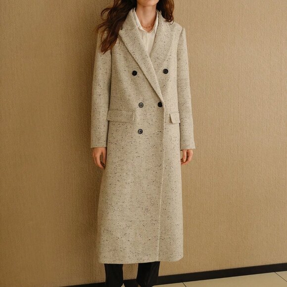 Grey Elegant Women's Peak Collar Flap Detail Longline Pea Overcoat - Picture 3 of 7